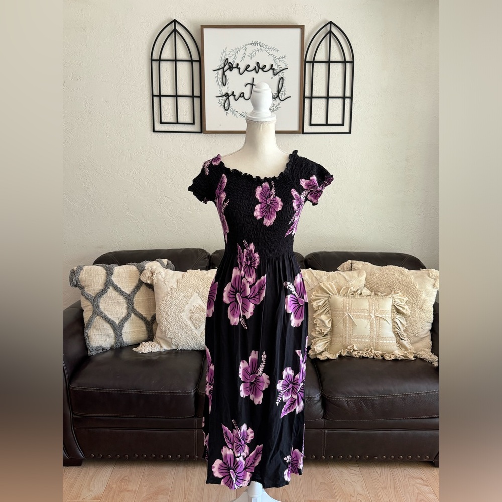 Hawaii Aloha Floral Print Midi Dress Ruched Bodice Beach Summer One Size Retro - Picture 2 of 10